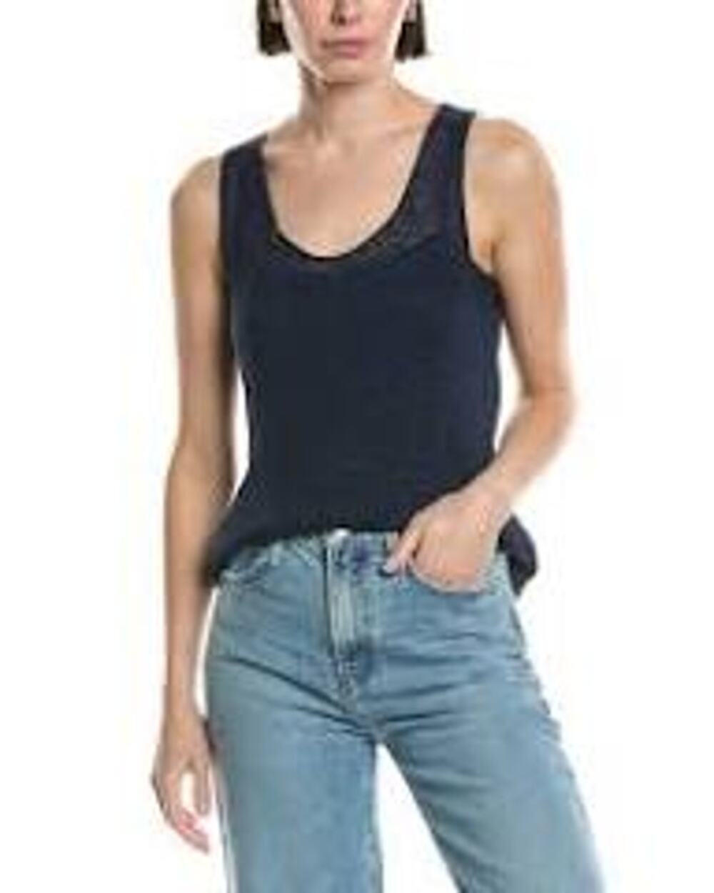Vince. L Navy Blue Knit Top Beachy Linen Tank Sleeveless Scoop Neck Luxury Basic